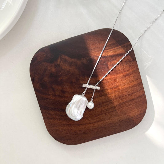 Silver Two Baroque Pearl Pendants Balance Necklace