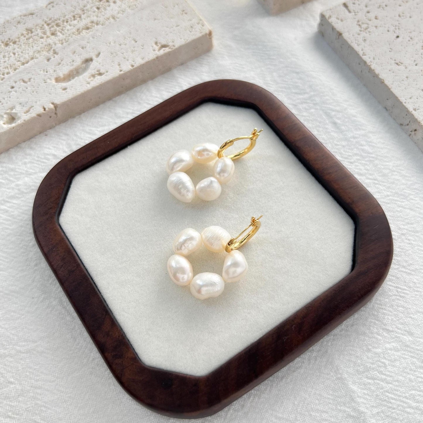 Freshwater Pearl Flower Hoop Earrings,Dainty Baroque Pearl Bead Huggie Earrings,Minimalist Drop Dangle Earrings,Wedding Jewelry,Gift For Her