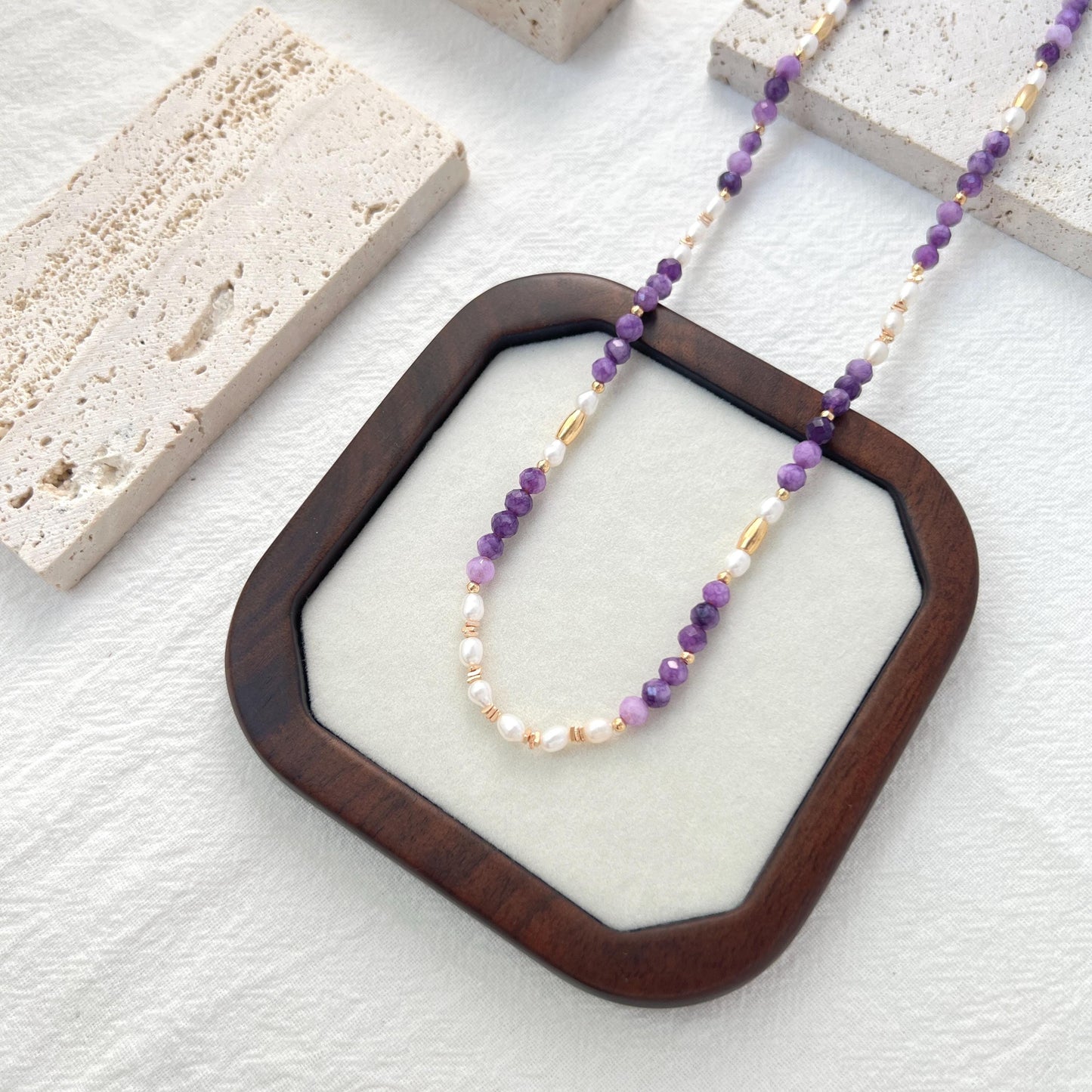 18K Gold Natural Freshwater Pearl Amethyst Necklace,Dainty Beaded Spiritual Jewelry,Healing Crystal Energy Necklace,Birthday Gifts For Her