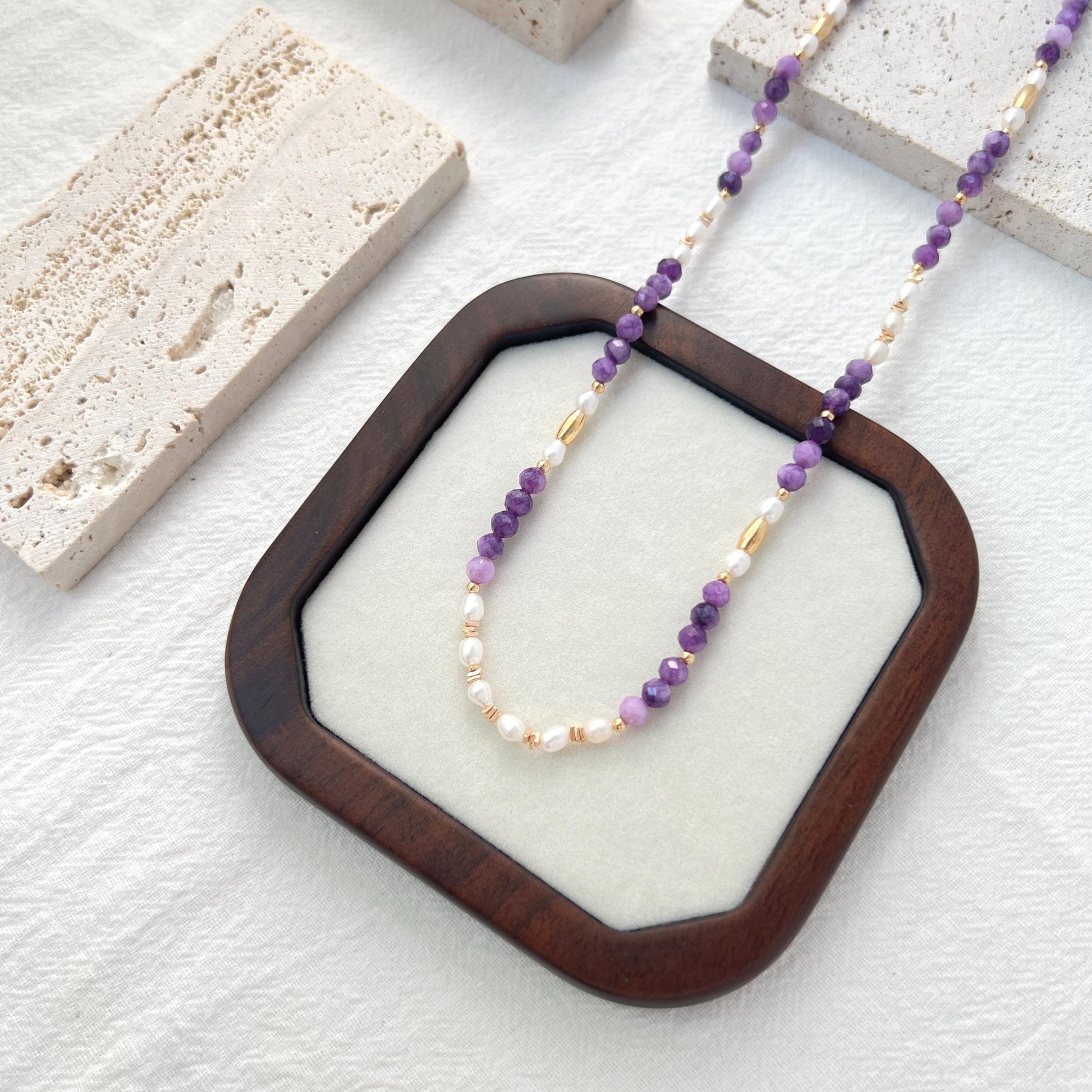 18K Gold Natural Freshwater Pearl Amethyst Necklace,Dainty Beaded Spiritual Jewelry,Healing Crystal Energy Necklace,Birthday Gifts For Her