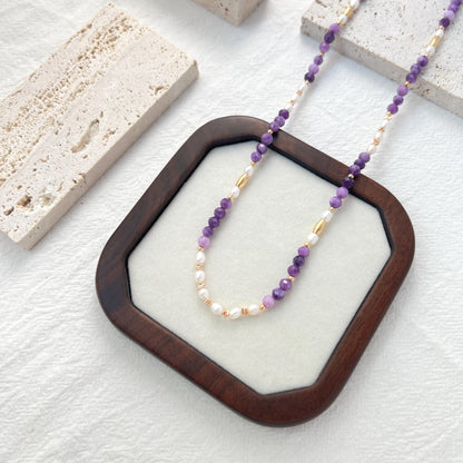 18K Gold Natural Freshwater Pearl Amethyst Necklace,Dainty Beaded Spiritual Jewelry,Healing Crystal Energy Necklace,Birthday Gifts For Her