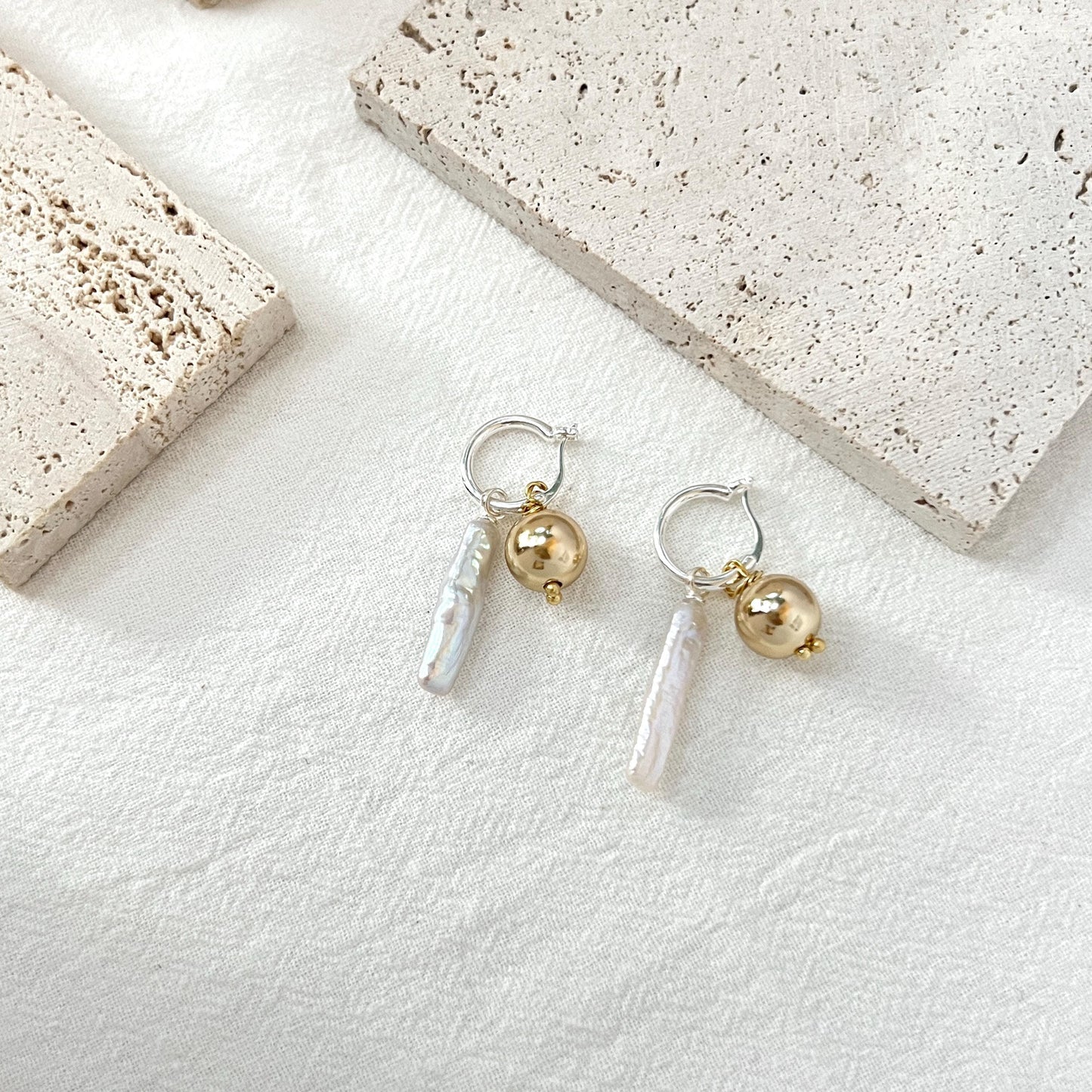 Freshwater Baroque Bar Pearl Dangling Earrings,Minimalist Dangle Hoop Earrings,Dainty Huggie Earrings,Wedding Jewelry,Birthday Gifts For Her