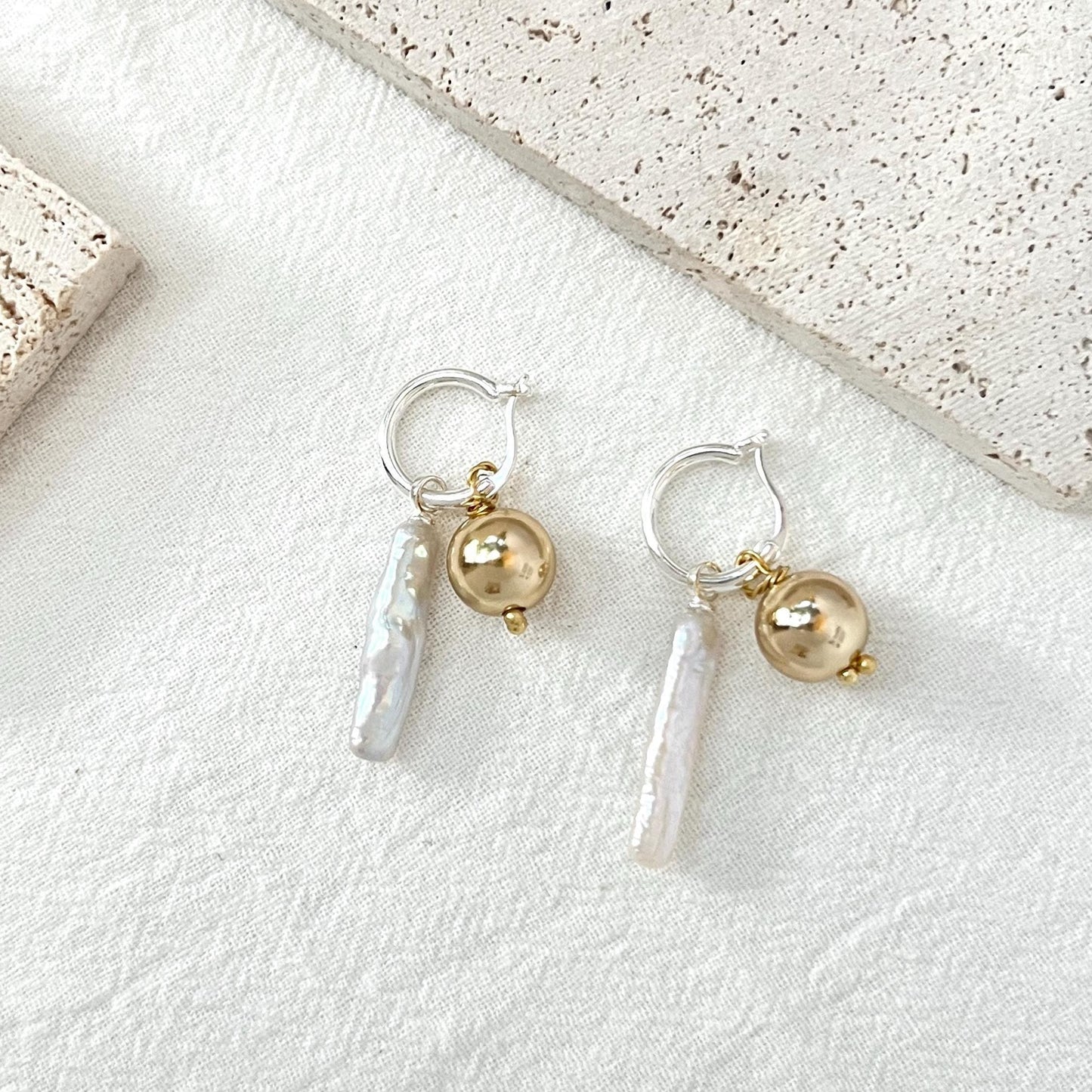 Freshwater Baroque Bar Pearl Dangling Earrings,Minimalist Dangle Hoop Earrings,Dainty Huggie Earrings,Wedding Jewelry,Birthday Gifts For Her