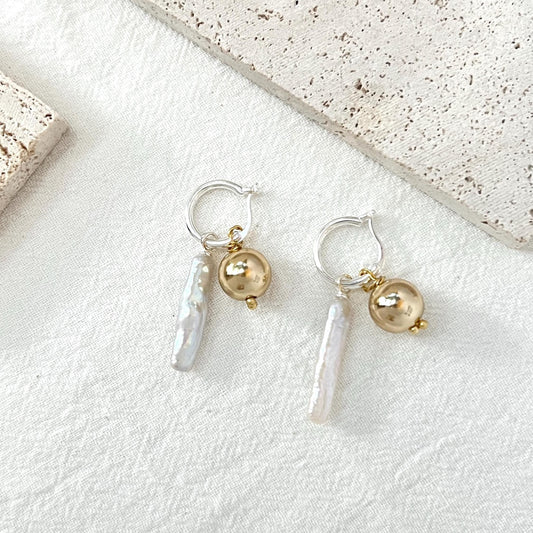 Freshwater Baroque Bar Pearl Dangling Earrings,Minimalist Dangle Hoop Earrings,Dainty Huggie Earrings,Wedding Jewelry,Birthday Gifts For Her