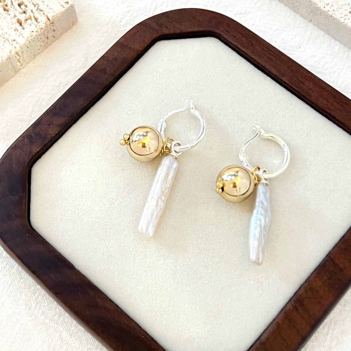 Freshwater Baroque Bar Pearl Dangling Earrings,Minimalist Dangle Hoop Earrings,Dainty Huggie Earrings,Wedding Jewelry,Birthday Gifts For Her