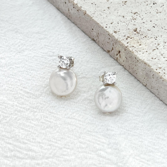 Baroque Pearl Stud Earrings,Minimalist Silver Cubic Zirconia Earrings Stud,Dainty Coin Pearl,Wedding Jewelry,Bridal Earrings,Birthday Gift