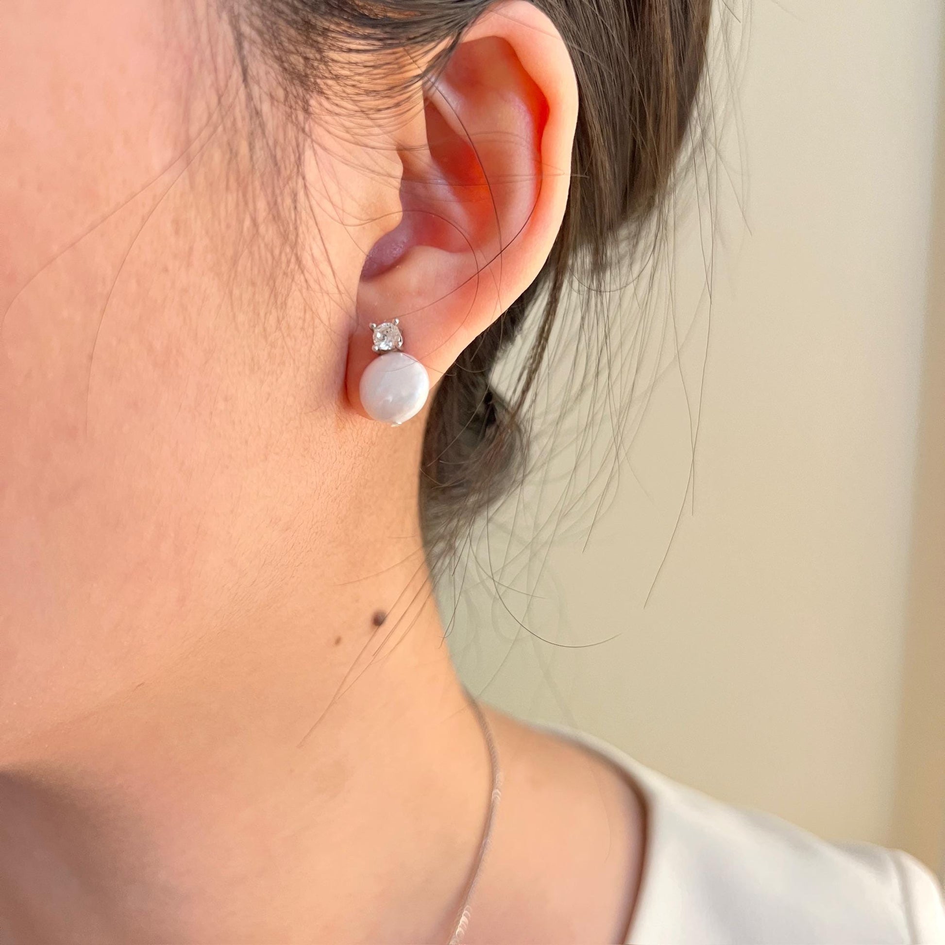 Baroque Pearl Stud Earrings,Minimalist Silver Cubic Zirconia Earrings Stud,Dainty Coin Pearl,Wedding Jewelry,Bridal Earrings,Birthday Gift