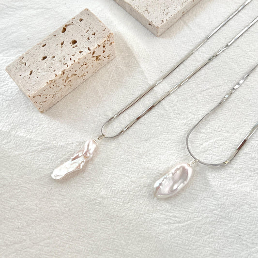 Sterling Silver Herringbone Chain Baroque Pearl Pendant Necklace,Snake Chain,Layering Necklace,Everyday Necklace For Women,Birthday Gifts