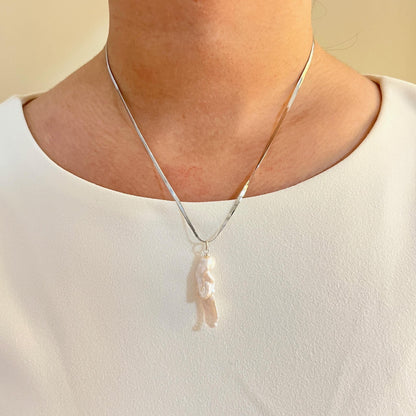 Sterling Silver Herringbone Chain Baroque Pearl Pendant Necklace,Snake Chain,Layering Necklace,Everyday Necklace For Women,Birthday Gifts