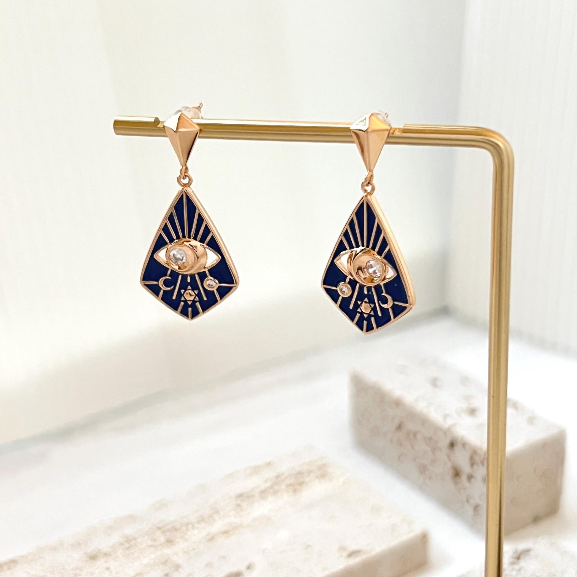 18K Vintage Gold Moon Star Celestial Dangle Earrings,Blue Enamel CZ Eye Earrings,Minimalist Dainty Everyday Earrings,Birthday Gifts For Her