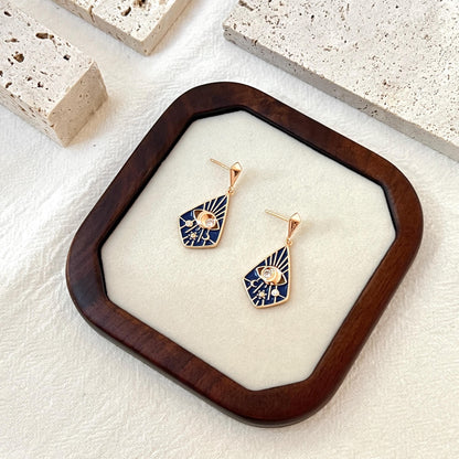 18K Vintage Gold Moon Star Celestial Dangle Earrings,Blue Enamel CZ Eye Earrings,Minimalist Dainty Everyday Earrings,Birthday Gifts For Her