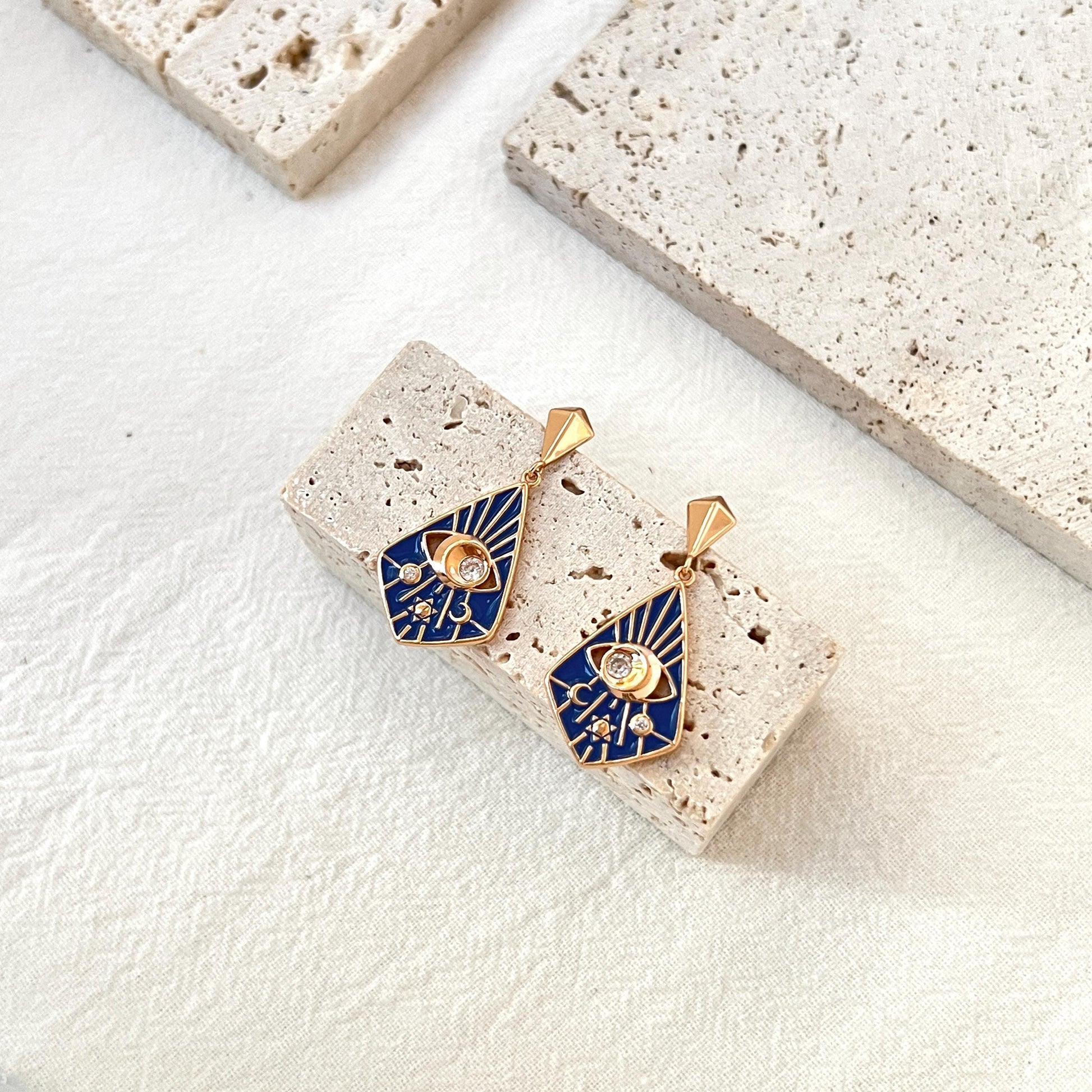 18K Vintage Gold Moon Star Celestial Dangle Earrings,Blue Enamel CZ Eye Earrings,Minimalist Dainty Everyday Earrings,Birthday Gifts For Her