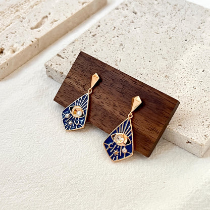 18K Vintage Gold Moon Star Celestial Dangle Earrings,Blue Enamel CZ Eye Earrings,Minimalist Dainty Everyday Earrings,Birthday Gifts For Her