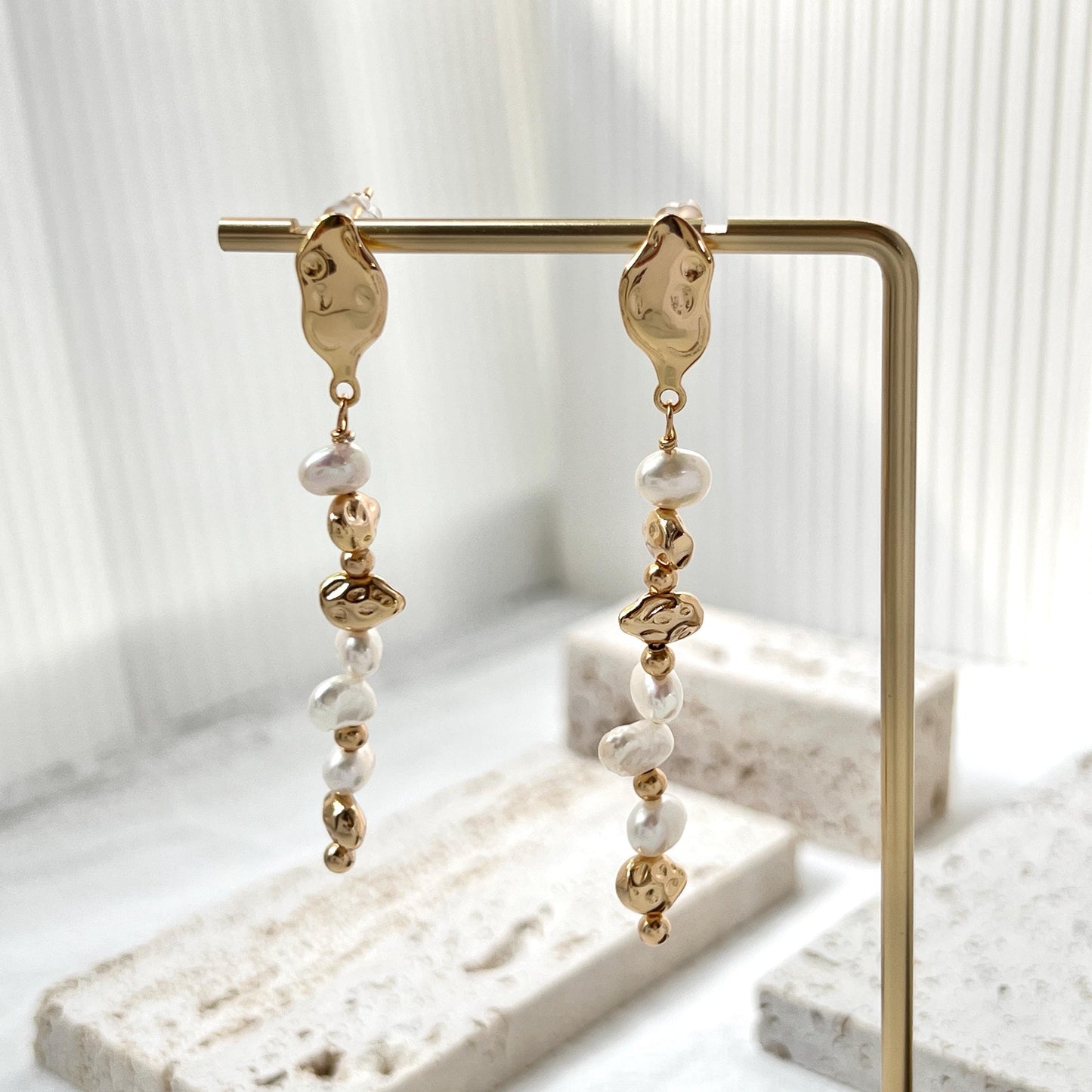baroque pearl earrings with gold bead accents, delicate dangle earrings in warm vintage gold tone