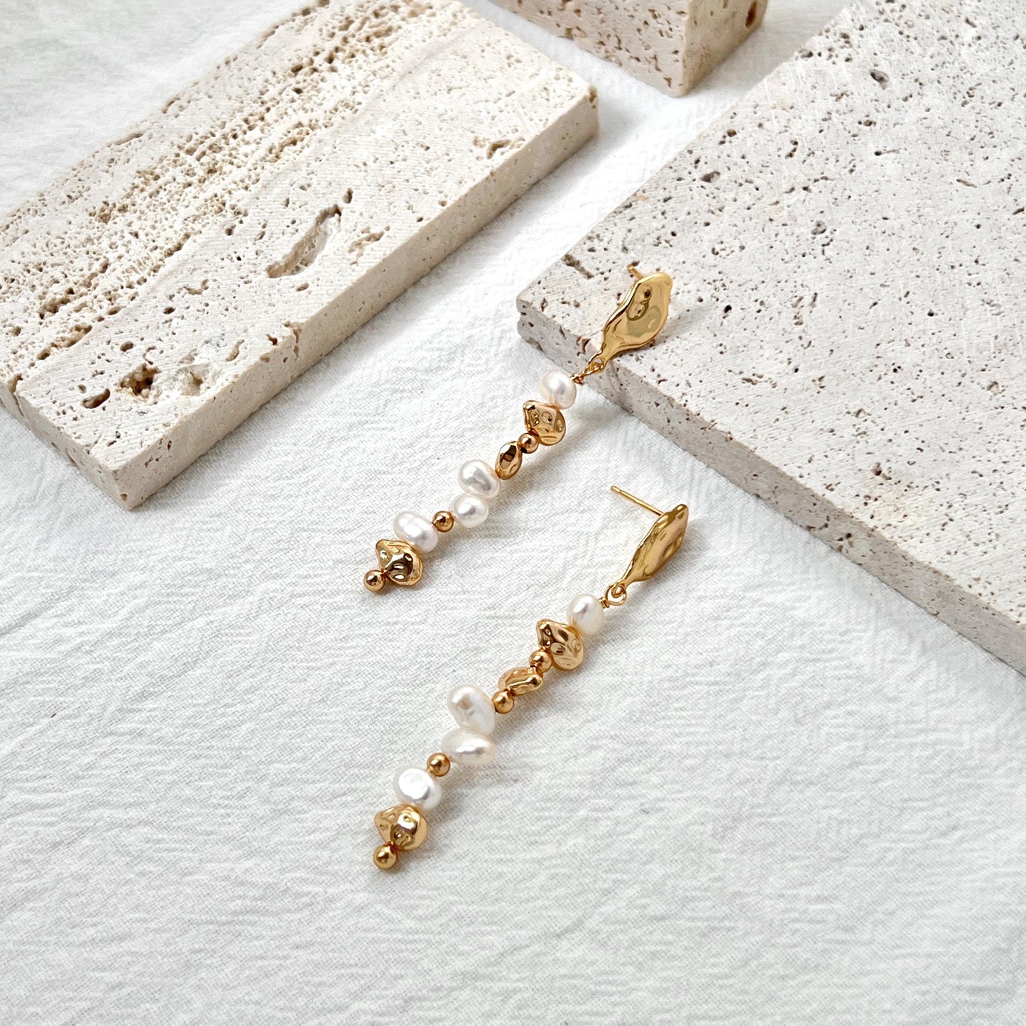 gold and pearl drop earrings with irregular freshwater pearls, lightweight statement earrings in vintage gold