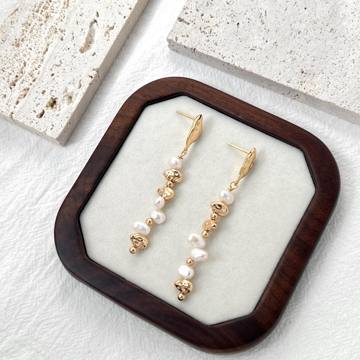 minimalist pearl drop earrings with organic gold shapes, refined everyday jewelry for women