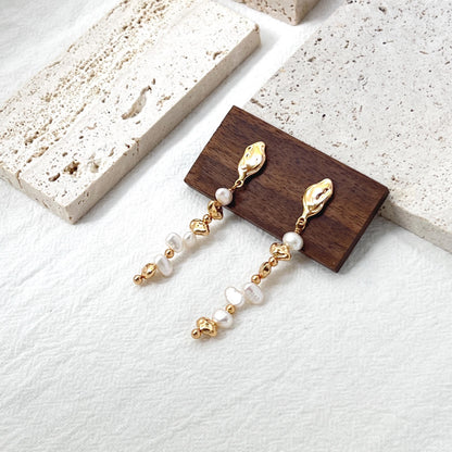 baroque pearl drop earrings with gold beads, vintage gold dangle earrings, dainty minimalist jewelry sterling silver