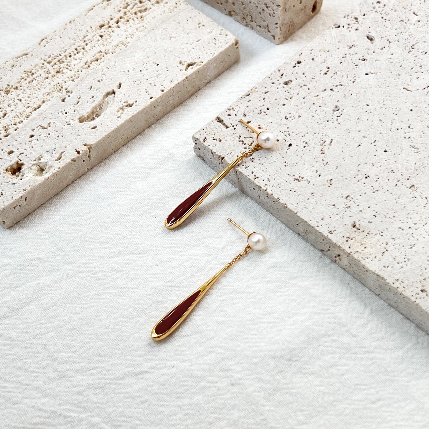 18K Gold Real Pearl Long Dangle Earrings,Dainty Red Enamel Drop Earrings,Minimalist New Year Earrings,Christmas Gift,Birthday Gift For Her