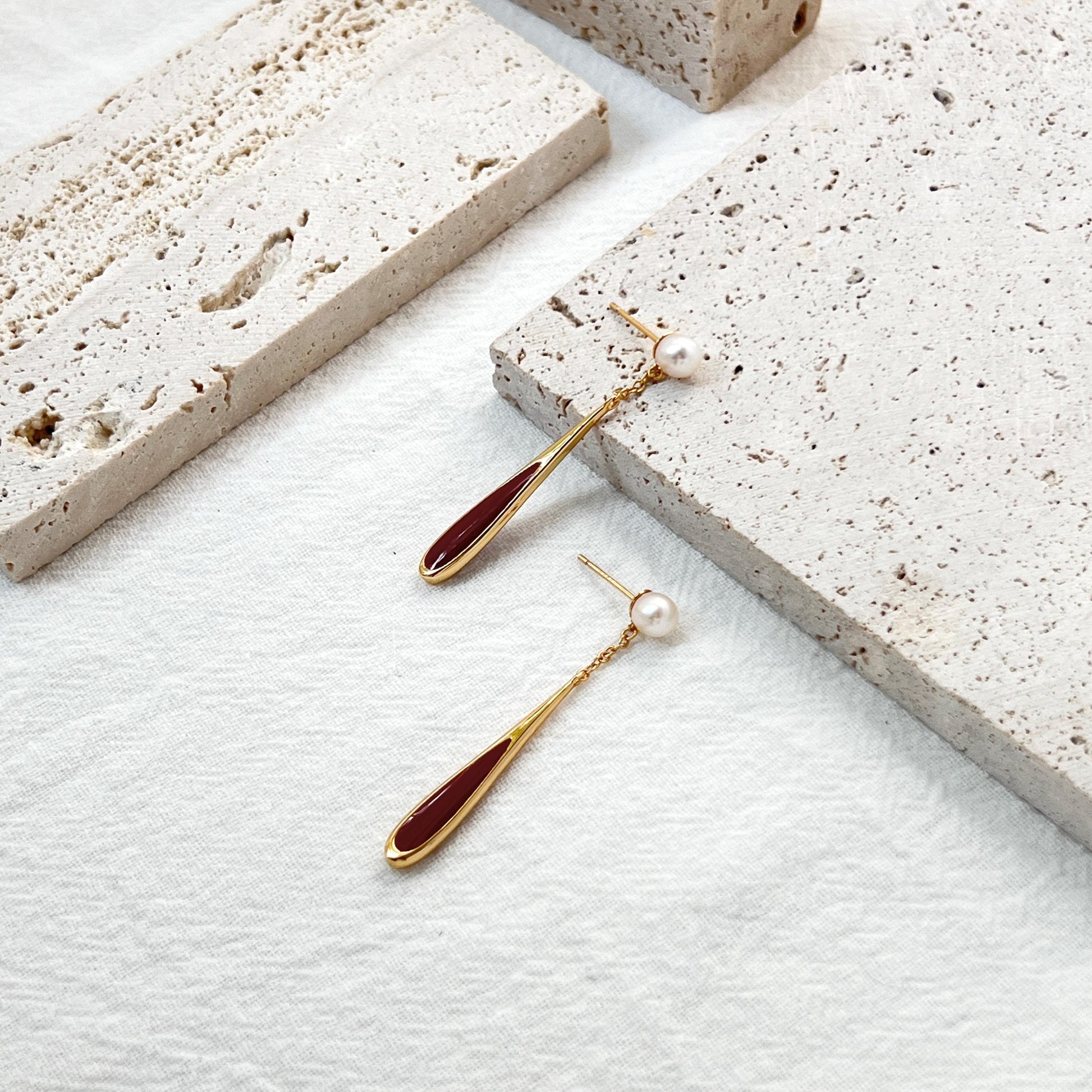 18K Gold Real Pearl Long Dangle Earrings,Dainty Red Enamel Drop Earrings,Minimalist New Year Earrings,Christmas Gift,Birthday Gift For Her