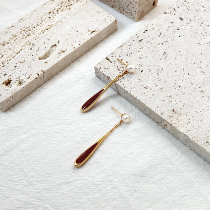 18K Gold Real Pearl Long Dangle Earrings,Dainty Red Enamel Drop Earrings,Minimalist New Year Earrings,Christmas Gift,Birthday Gift For Her