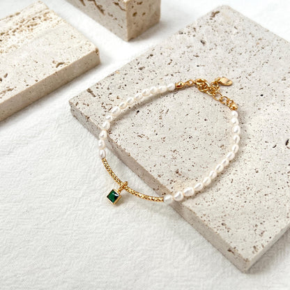 18K Gold Dainty Green CZ Charm Baroque Pearl Beads Bracelet,Minimalist Elegant Beaded Bracelet,Wedding Bridal Jewelry,Birthday Gift For Her