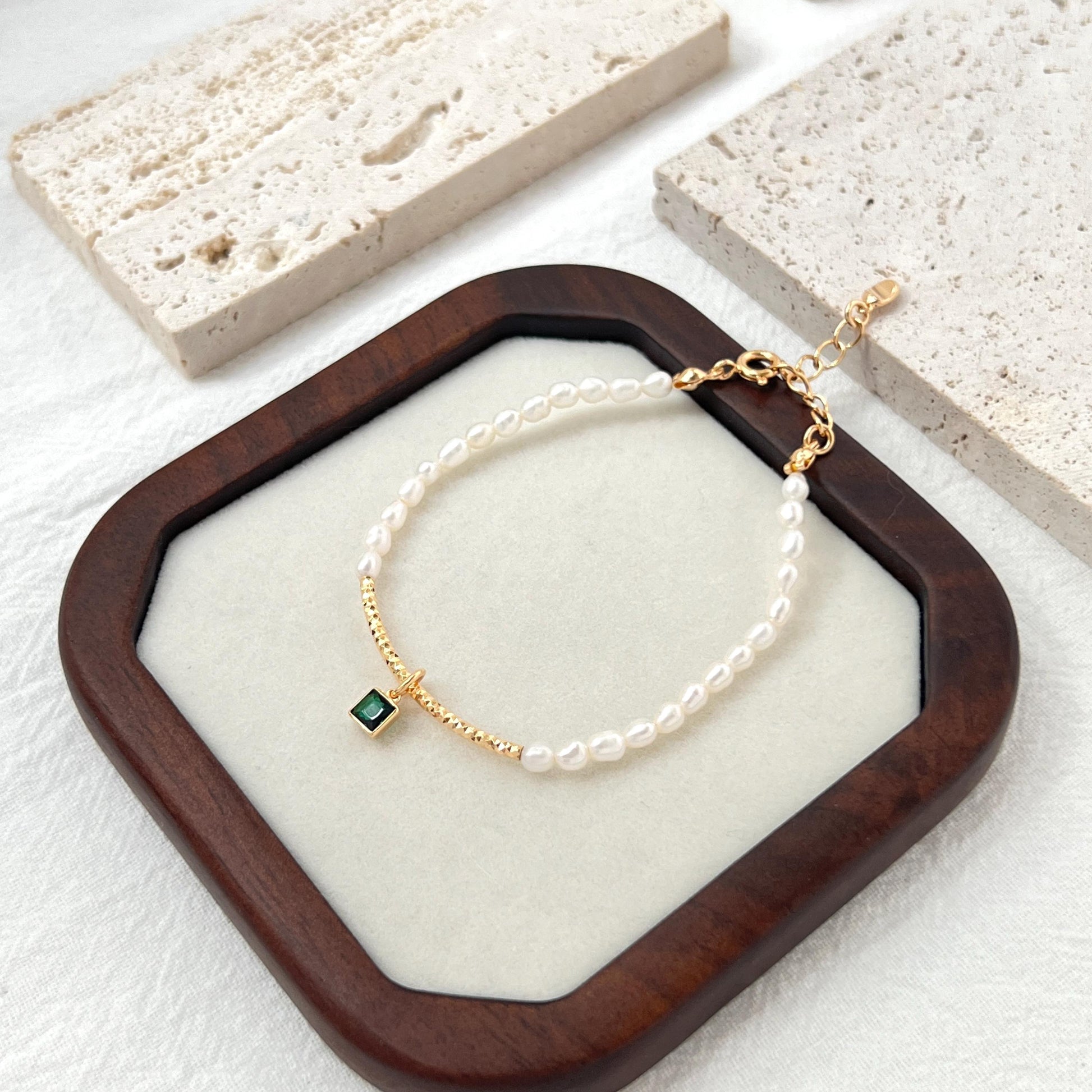 18K Gold Dainty Green CZ Charm Baroque Pearl Beads Bracelet,Minimalist Elegant Beaded Bracelet,Wedding Bridal Jewelry,Birthday Gift For Her