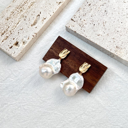 18K Gold Large Baroque Pearl Drop Earrings,Chunky High Luster Pearl Dangling Statement Earrings,Wedding Bridal Jewelry,Birthday Gift For Her