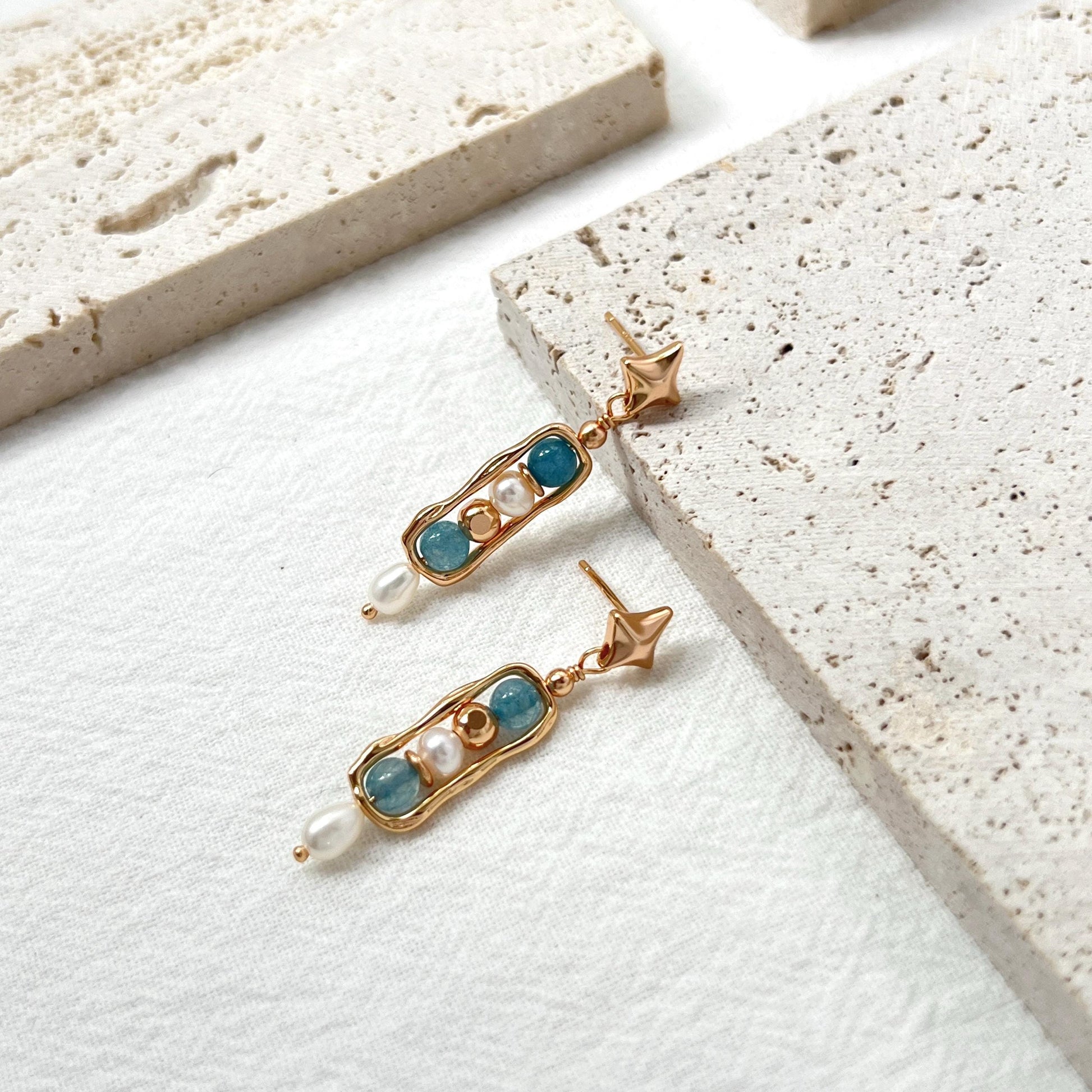 18K Gold Star Freshwater Pearl Gemstone Dangling Earrings,Dainty Blue Stone Drop Earrings,Minimalist Earrings Dangle,Birthday Gifts For Her