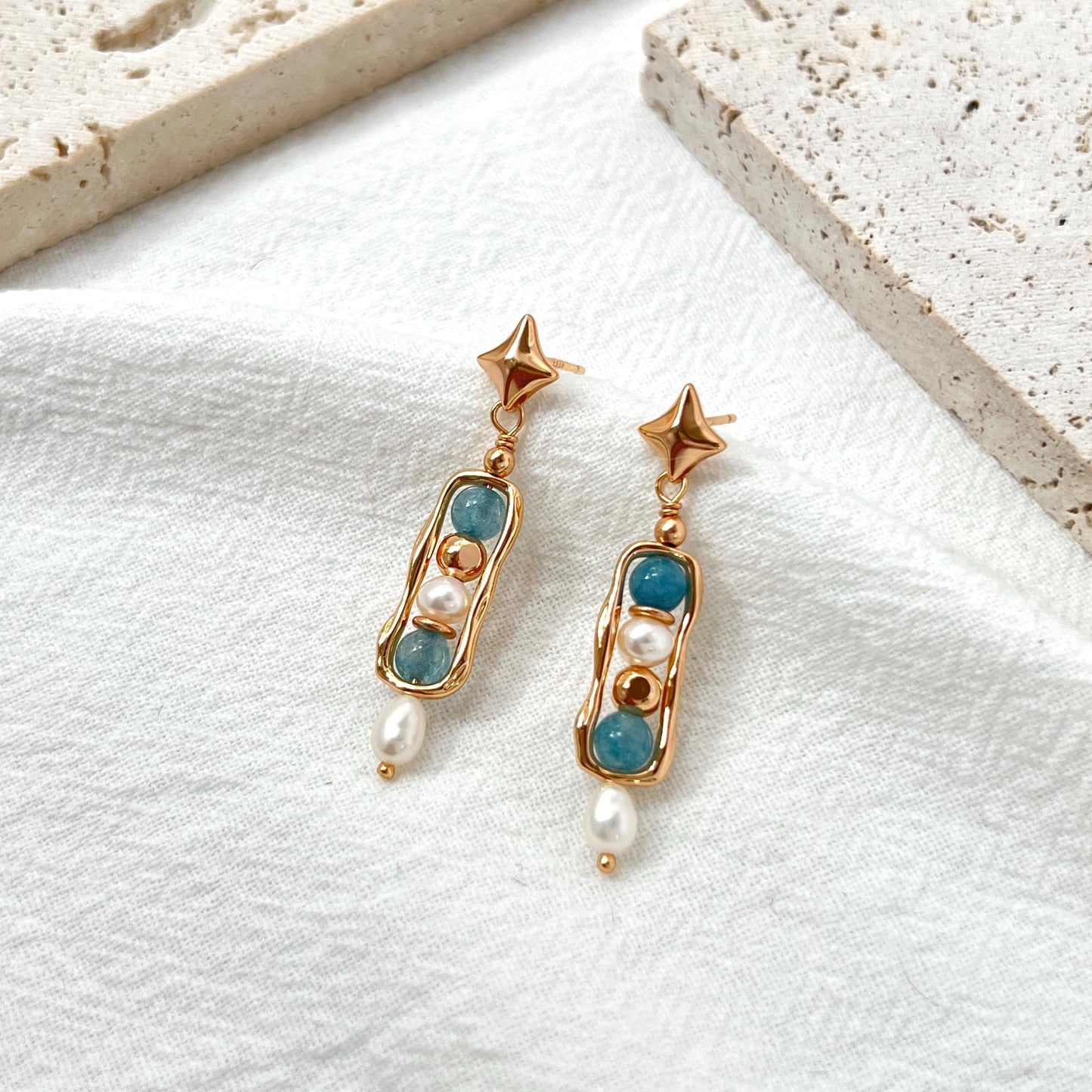 18K Gold Star Freshwater Pearl Gemstone Dangling Earrings,Dainty Blue Stone Drop Earrings,Minimalist Earrings Dangle,Birthday Gifts For Her