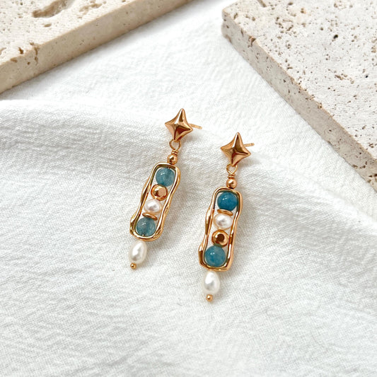 18K Gold Star Freshwater Pearl Gemstone Dangling Earrings,Dainty Blue Stone Drop Earrings,Minimalist Earrings Dangle,Birthday Gifts For Her