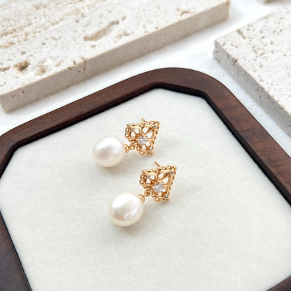 18K Vintage Gold Freshwater Baroque Pearl Dangling Earrings,Dainty CZ Drop Earrings,Minimalist Elegant Earrings,Bridal Jewelry,Birthday Gift