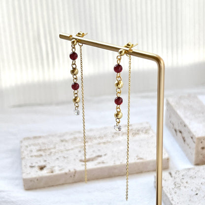 18K Gold Garnet Gemstone Beaded Thread Dangle Earrings,Dainty Long Drop Threader Earrings,Minimalist Everyday Tassel Earrings,Birthday Gifts