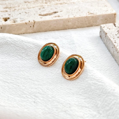 18K Vintage Gold Malachite Stud Earrings,Minimalist Green Gemstone Earrings Studs,Dainty Elegant Everyday Jewelry,Birthday Gifts For Mothers