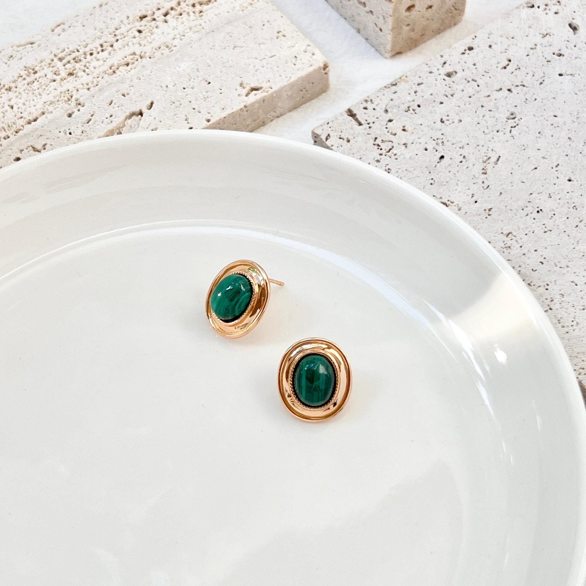 18K Vintage Gold Malachite Stud Earrings,Minimalist Green Gemstone Earrings Studs,Dainty Elegant Everyday Jewelry,Birthday Gifts For Mothers