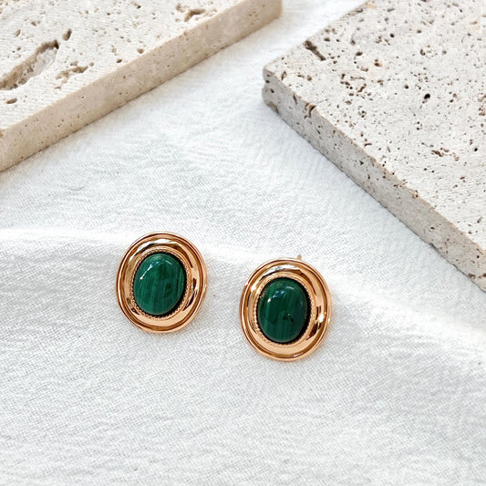 18K Vintage Gold Malachite Stud Earrings,Minimalist Green Gemstone Earrings Studs,Dainty Elegant Everyday Jewelry,Birthday Gifts For Mothers