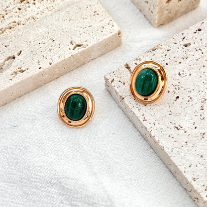 18K Vintage Gold Malachite Stud Earrings,Minimalist Green Gemstone Earrings Studs,Dainty Elegant Everyday Jewelry,Birthday Gifts For Mothers