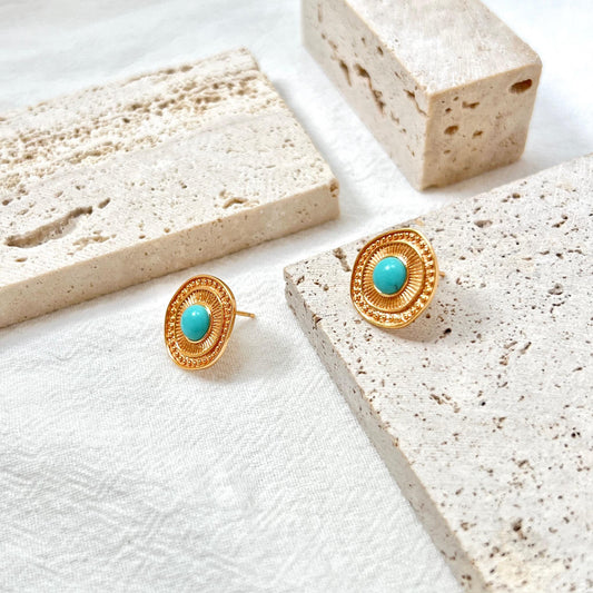 18K Vintage Gold Natural Turquoise Stud Earrings,Minimalist Blue Gemstone Earrings Studs,Elegant Everyday Earrings,Birthday Gift For Mother