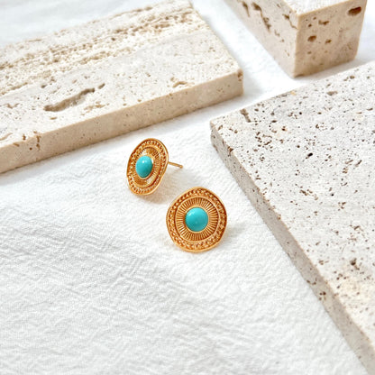 18K Vintage Gold Natural Turquoise Stud Earrings,Minimalist Blue Gemstone Earrings Studs,Elegant Everyday Earrings,Birthday Gift For Mother