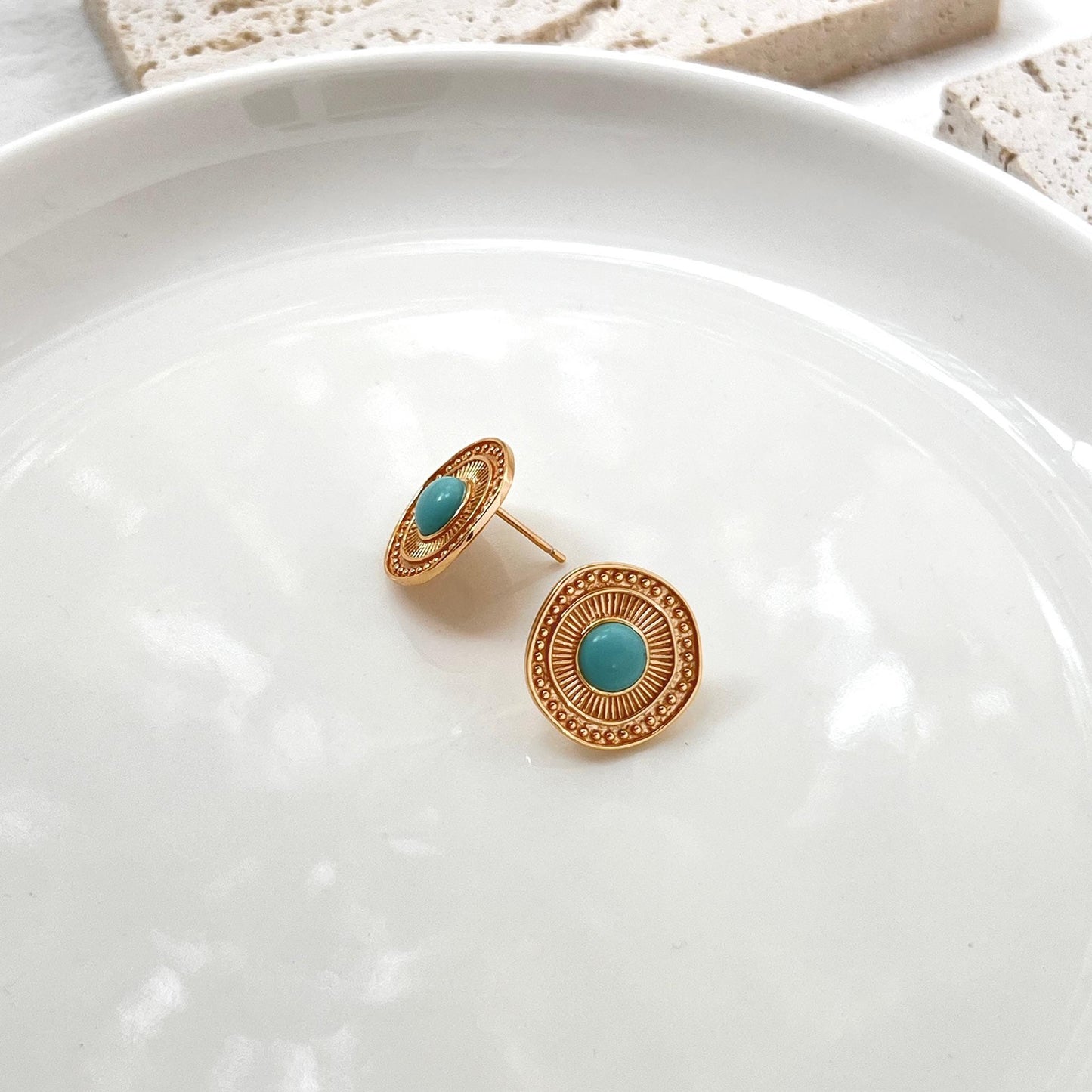 18K Vintage Gold Natural Turquoise Stud Earrings,Minimalist Blue Gemstone Earrings Studs,Elegant Everyday Earrings,Birthday Gift For Mother