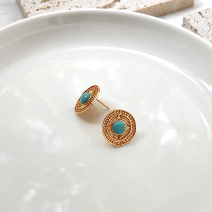 18K Vintage Gold Natural Turquoise Stud Earrings,Minimalist Blue Gemstone Earrings Studs,Elegant Everyday Earrings,Birthday Gift For Mother