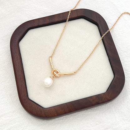 Gold Rope Knot Tiny Pearl Dangle Necklace