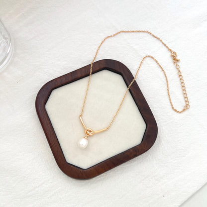 Gold Rope Knot Tiny Pearl Dangle Necklace