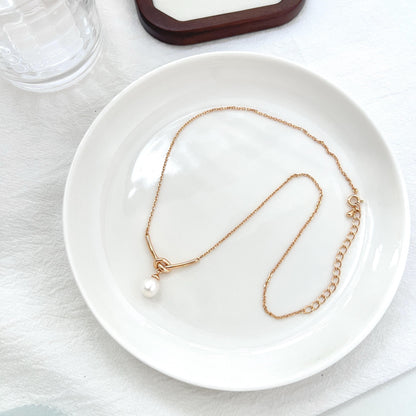 Gold Rope Knot Tiny Pearl Dangle Necklace