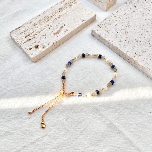 Dainty Baroque Pearl Lapis Lazuli Moonstone Beaded Bracelet,Minimalist Everyday Natural Gemstone Bead Bracelet,Birthday Gifts For Her