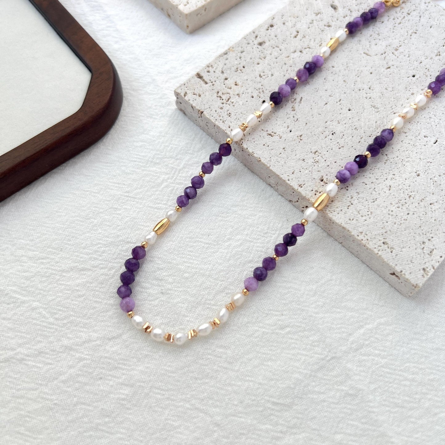 18K Gold Natural Freshwater Pearl Amethyst Necklace,Dainty Beaded Spiritual Jewelry,Healing Crystal Energy Necklace,Birthday Gifts For Her
