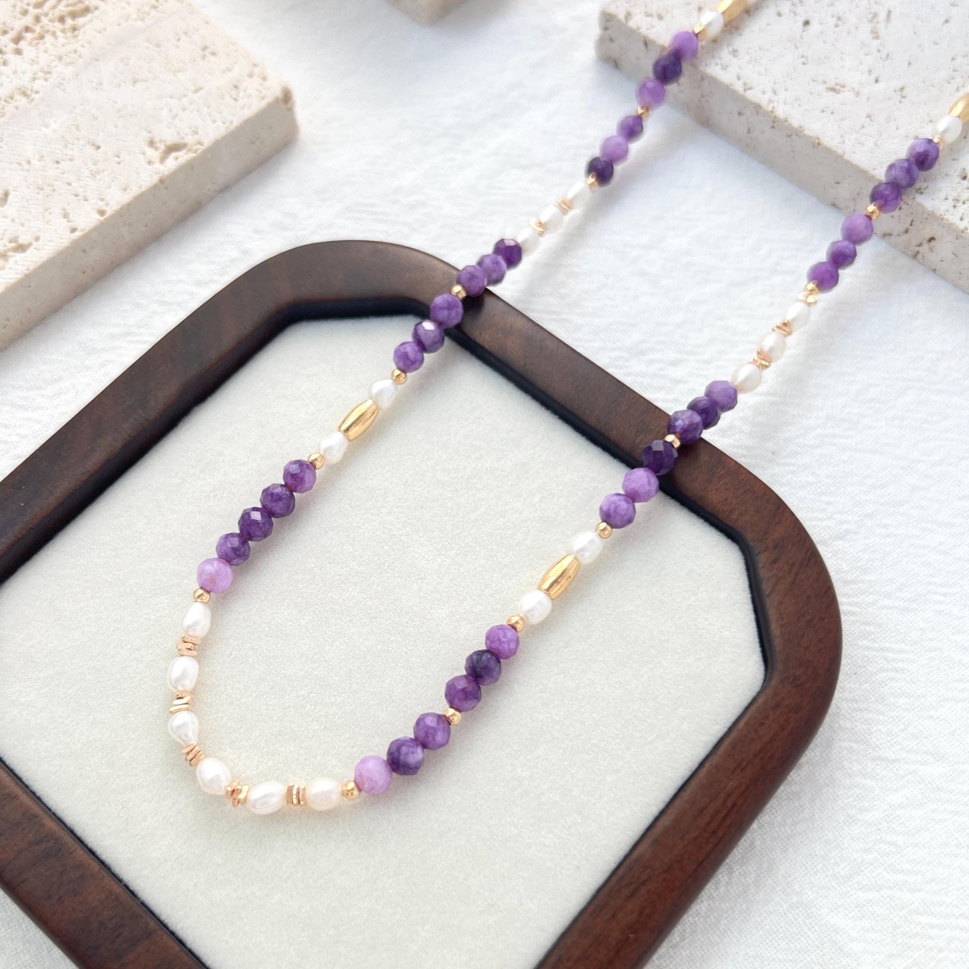 18K Gold Natural Freshwater Pearl Amethyst Necklace,Dainty Beaded Spiritual Jewelry,Healing Crystal Energy Necklace,Birthday Gifts For Her