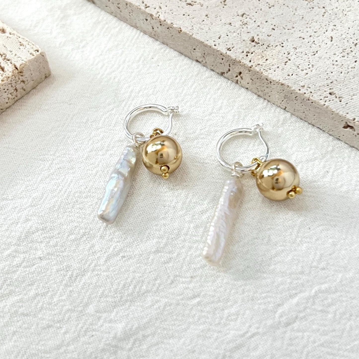 Freshwater Baroque Bar Pearl Dangling Earrings,Minimalist Dangle Hoop Earrings,Dainty Huggie Earrings,Wedding Jewelry,Birthday Gifts For Her