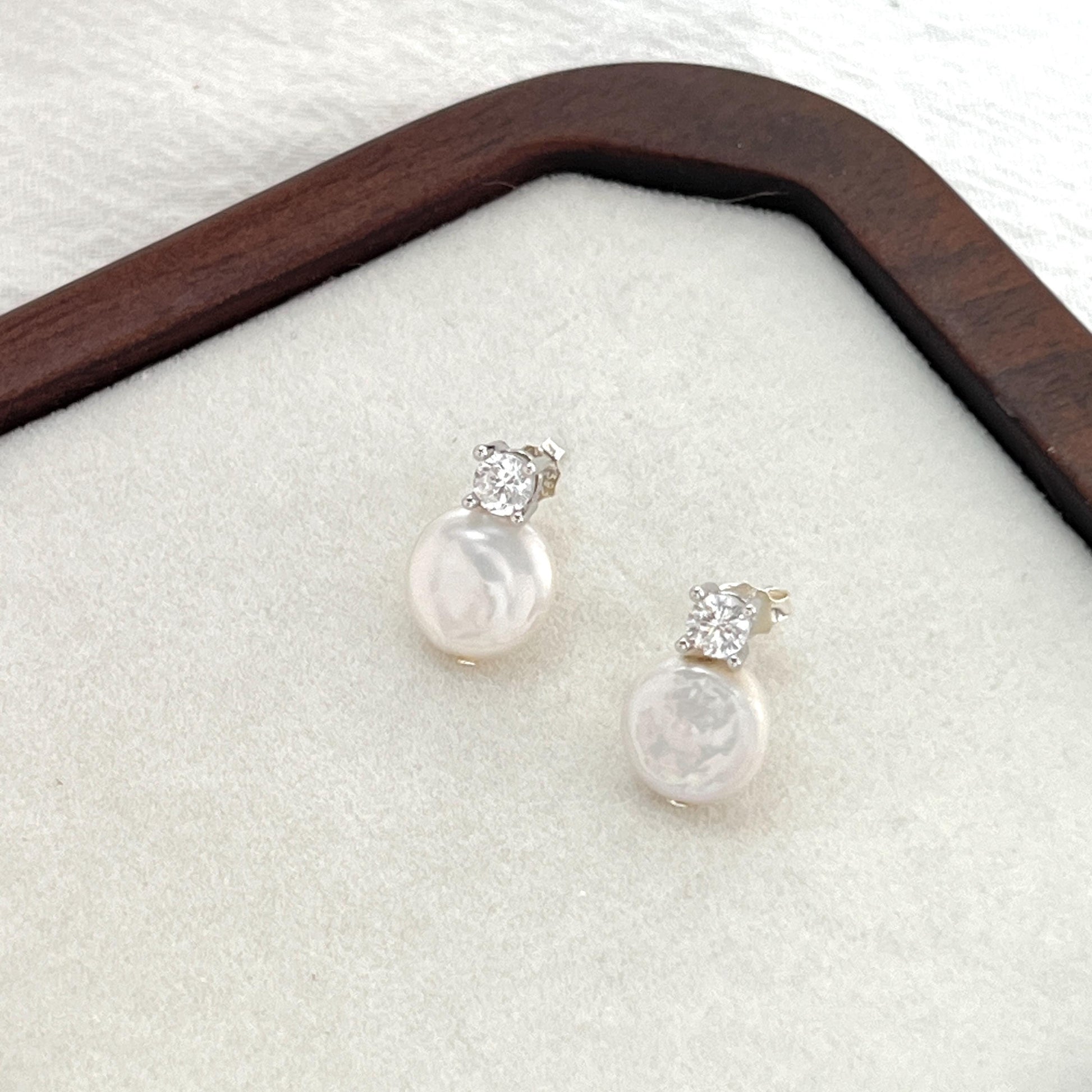 Baroque Pearl Stud Earrings,Minimalist Silver Cubic Zirconia Earrings Stud,Dainty Coin Pearl,Wedding Jewelry,Bridal Earrings,Birthday Gift
