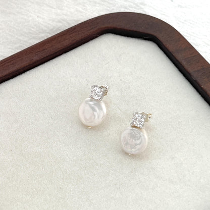 Baroque Pearl Stud Earrings,Minimalist Silver Cubic Zirconia Earrings Stud,Dainty Coin Pearl,Wedding Jewelry,Bridal Earrings,Birthday Gift