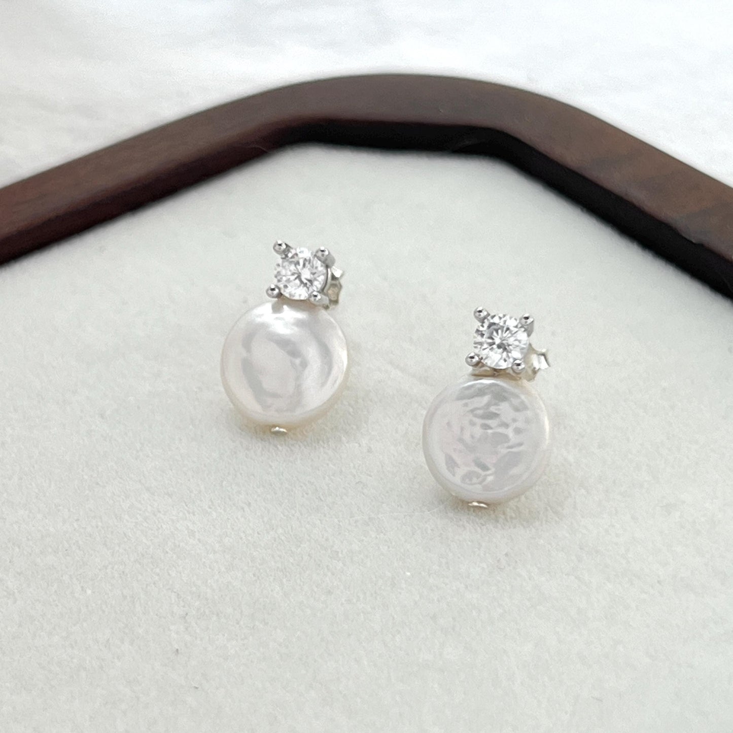 Baroque Pearl Stud Earrings,Minimalist Silver Cubic Zirconia Earrings Stud,Dainty Coin Pearl,Wedding Jewelry,Bridal Earrings,Birthday Gift